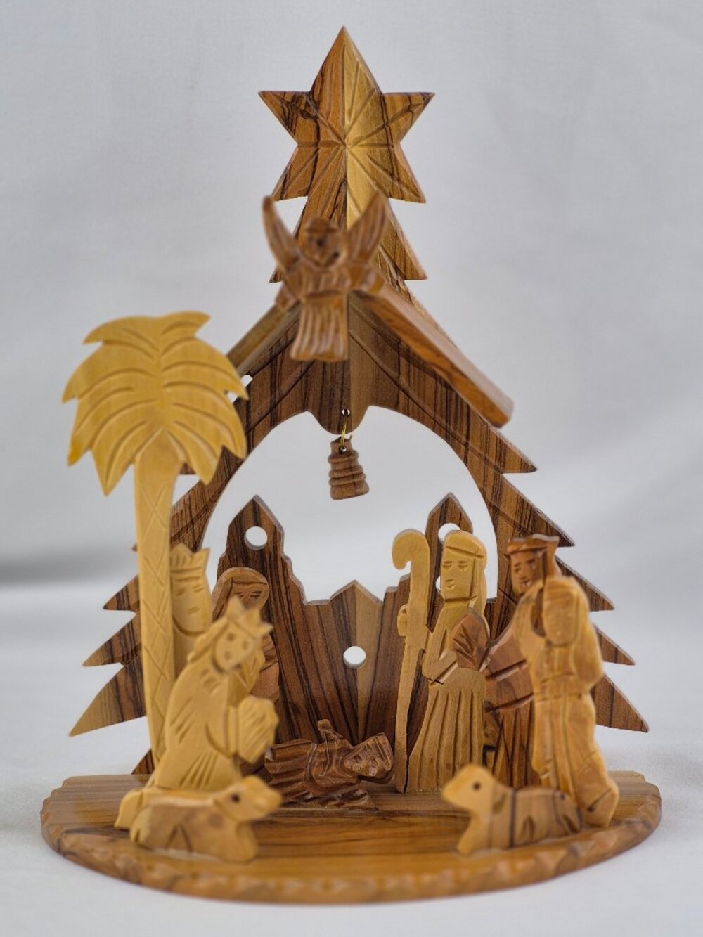 Hand Carved Olive Wood Nativity Scene Tree Shaped Grotto Star of Bethlehem